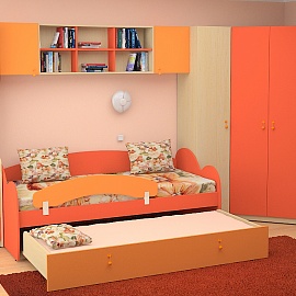 Мебель для детской на заказ с большим количеством шкафов с полками для хранения.
